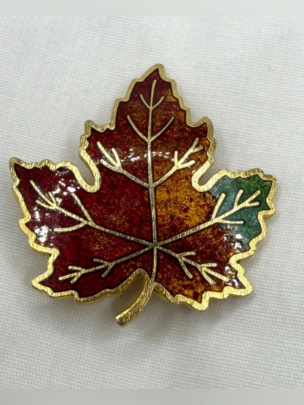 Vintage Goldtone Maple Leaf Brooch Pin Red Yellow Green Enamel Fall Foliage